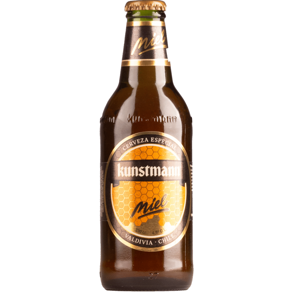 Kunstmann Miel: amber‑goud honingbier uit Chili, subtiel gezoet met Ulmo‑honing. 4,8% ABV, 33 cl — perfect voor proeverijen, desserts en kaascombinaties.. Slijterij Ad Fundum