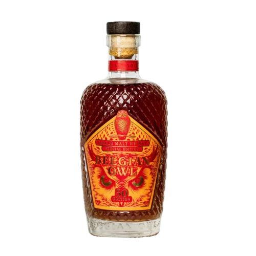 Belgian Owl Fifty Edition: blend van ex-bourbon en Pedro Ximénez finish, 50% ABV. Volle aroma’s van vanille, karamel en vijg.
