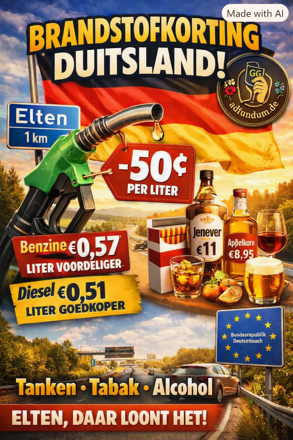 Deutschland senkt erneut die Kraftstoffsteuer: Elten wird noch attraktiver für Tanken, Tabak & Alkohol
